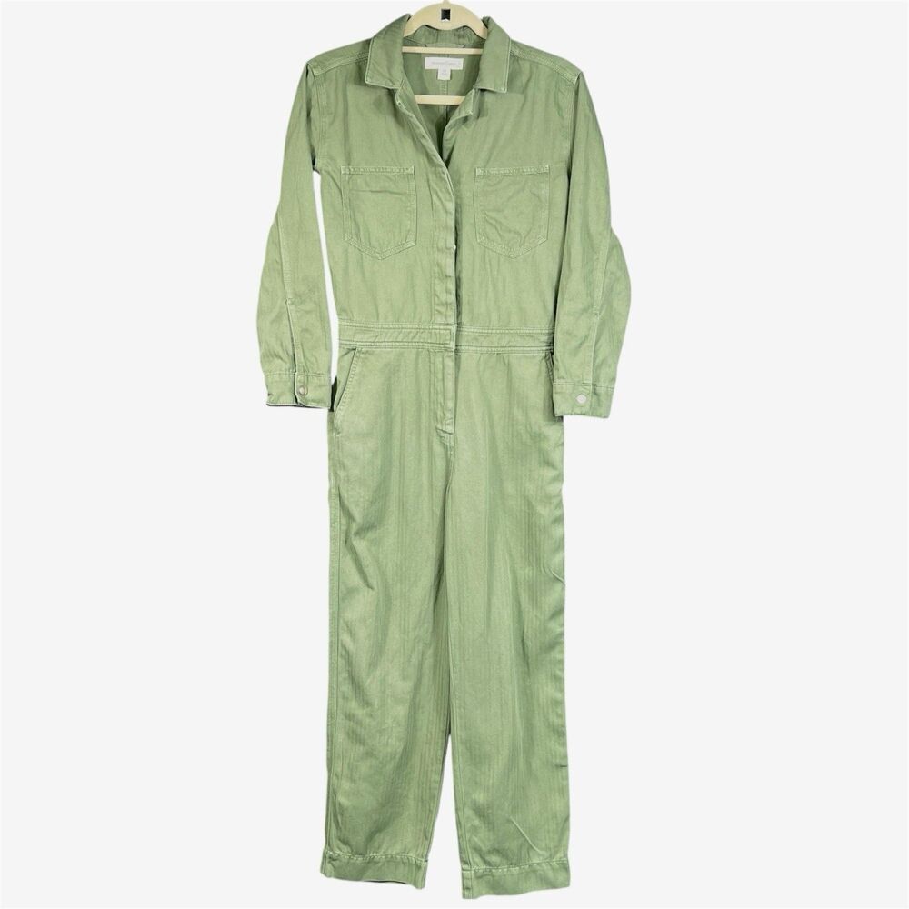 Treasure & Bond jumpsuit women XS green herringbone texture long sleeve utility